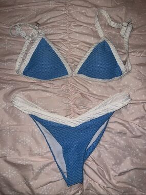 Blue Textured Triangle Bikini with White Trim